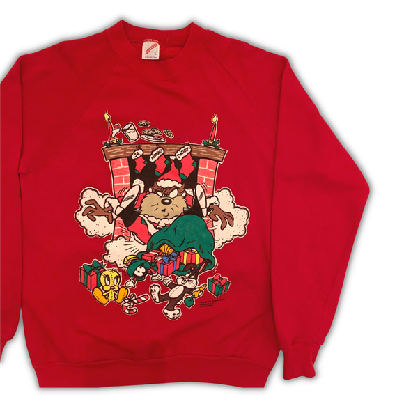 Vintage Jerzees Looney Tunes Christmas Tasmanian Devil Santa Chimney Men Sz XL - Picture 3 of 5